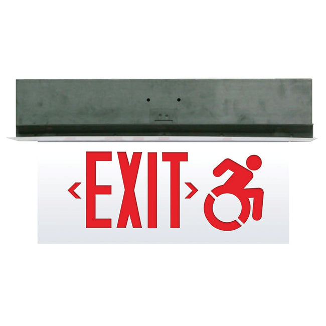 Connecticut-code edge-lit exit sign - Red Letters – front view showing slim aluminum housing