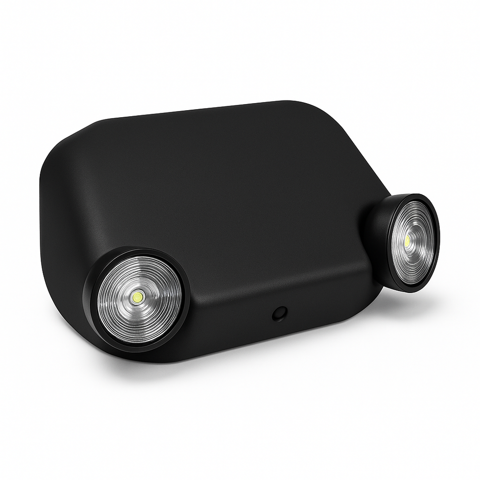 E-1 low-profile thermoplastic LED emergency light with black housing and adjustable heads