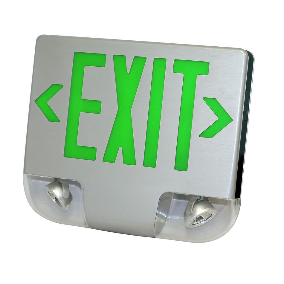 LED Exit Sign & Emergency Light Die-Cast Aluminum Combo - Green Letters