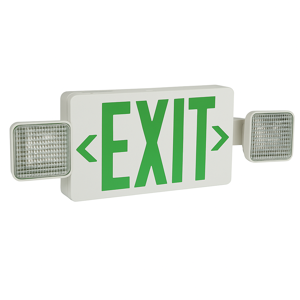 Green Slim thermoplastic LED exit/emergency combo – front view with twin lamp heads