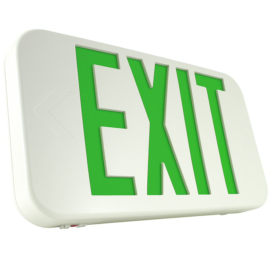 White ILX-RG low-profile LED exit sign with green letters, red green selectable legend, and universal mount