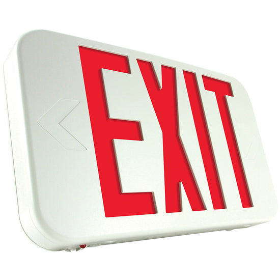 White ILX-RG low-profile LED exit sign with red letters, red green selectable legend, and universal mount