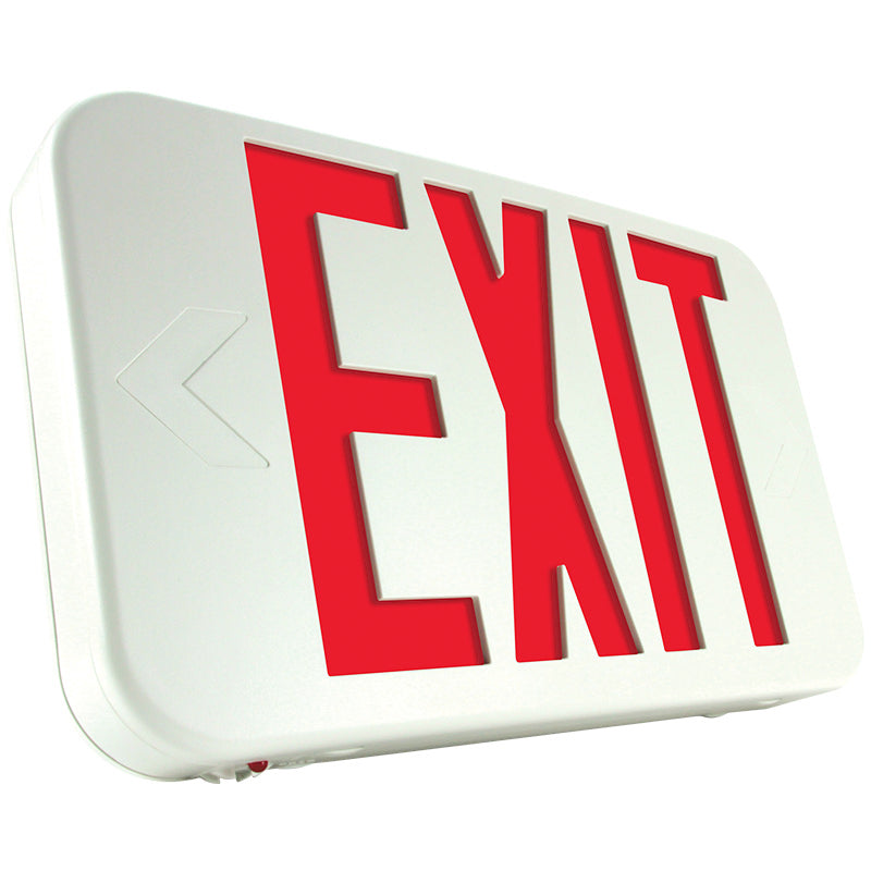 White LED exit sign with red letters and optional directional arrows for emergency egress visibility