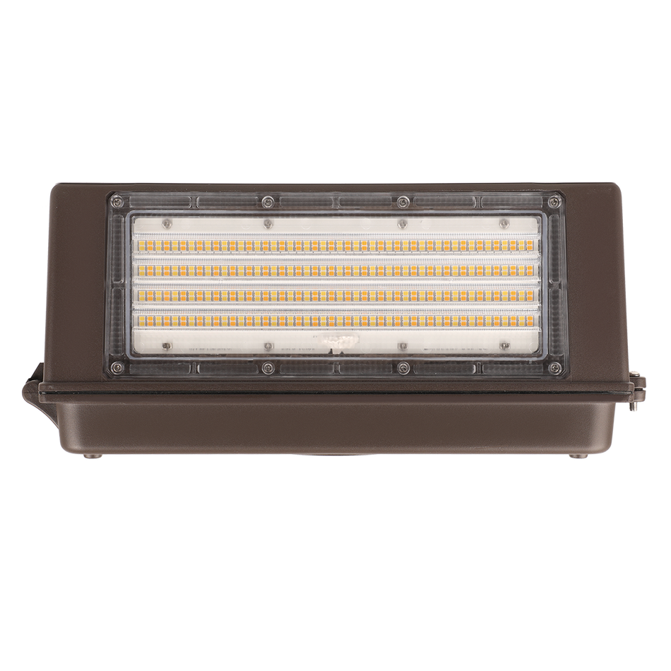Full cutoff LED wall pack with multi-row LED array behind a sealed polycarbonate lens
