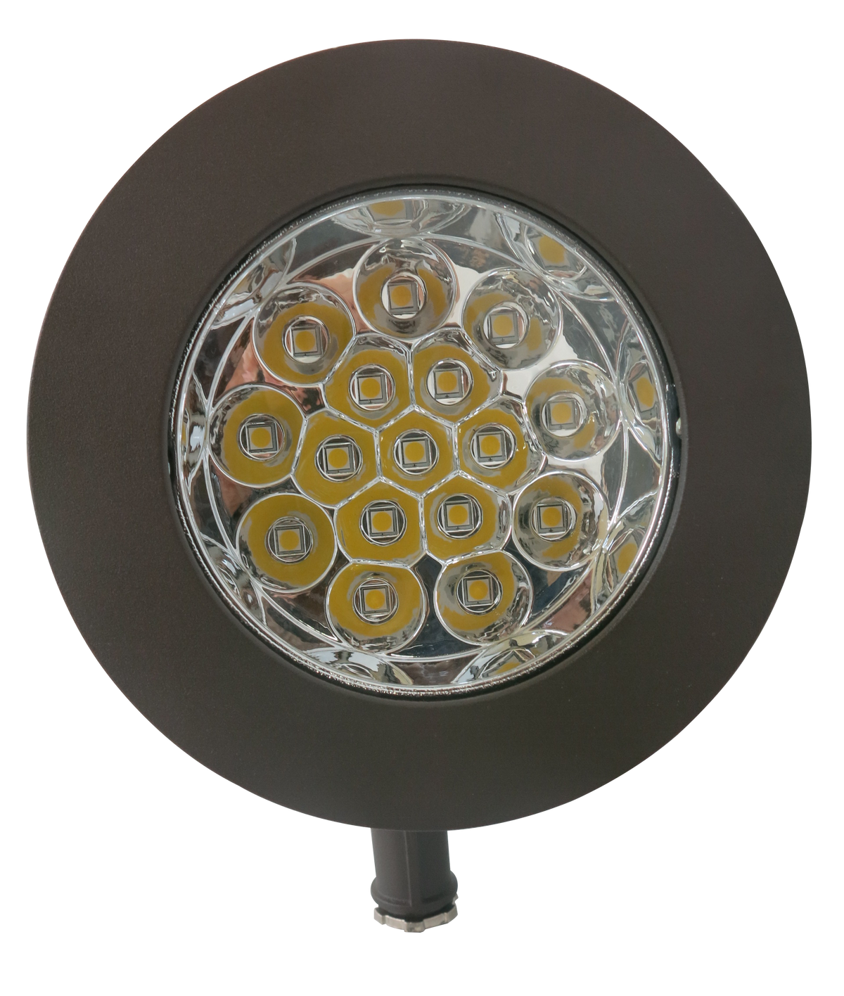 Front view of high output LED bullet flood light with 9,000 lumen output and glass lens