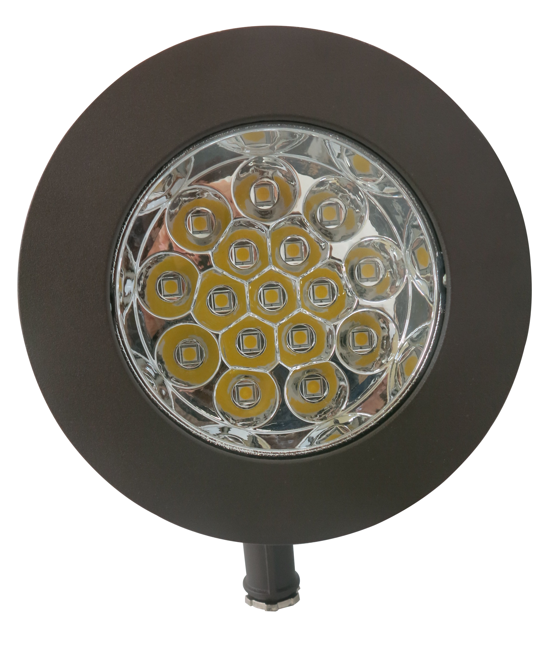 Front view of high output LED bullet flood light with 9,000 lumen output and glass lens
