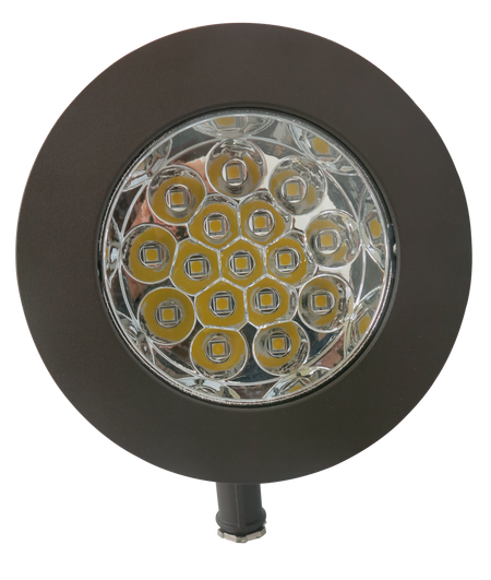Front view of high output LED bullet flood light with 9,000 lumen output and glass lens