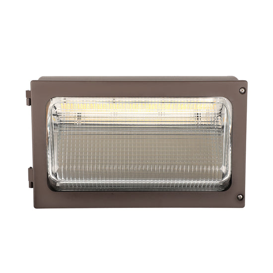 Traditional LED wall pack with glass lens and bronze housing, delivering wide forward light distribution