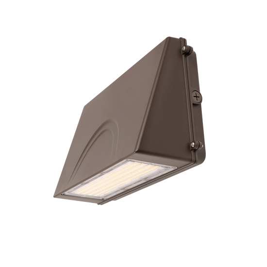 Bronze full cutoff wall pack with sloped housing and downward-facing LED optics for dark sky compliance