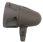 Side profile of commercial LED bullet flood light with knuckle mount and bronze housing