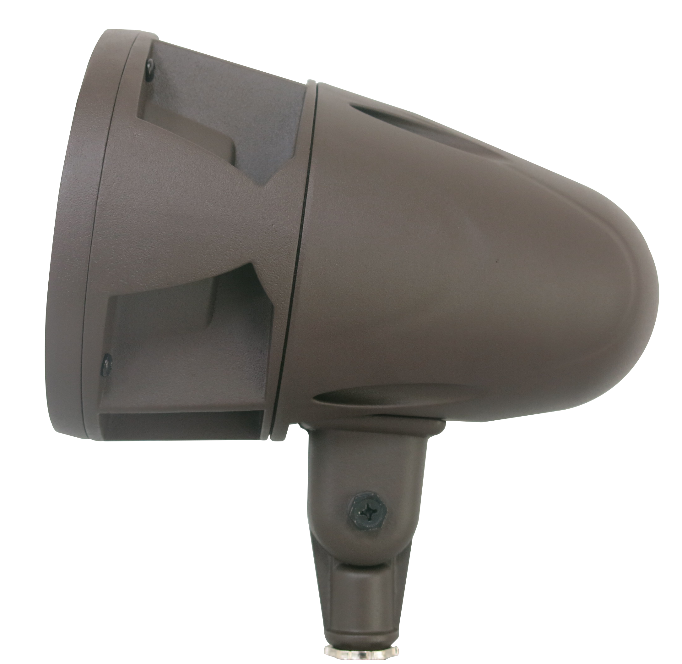 Side profile of commercial LED bullet flood light with knuckle mount and bronze housing