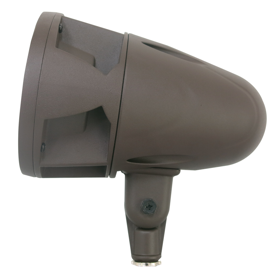 Side profile of commercial LED bullet flood light with knuckle mount and bronze housing