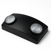 Black dual-head LED emergency light with adjustable round lamp heads, wall-mount housing