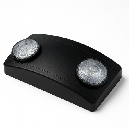 Black dual-head LED emergency light with adjustable round lamp heads, wall-mount housing