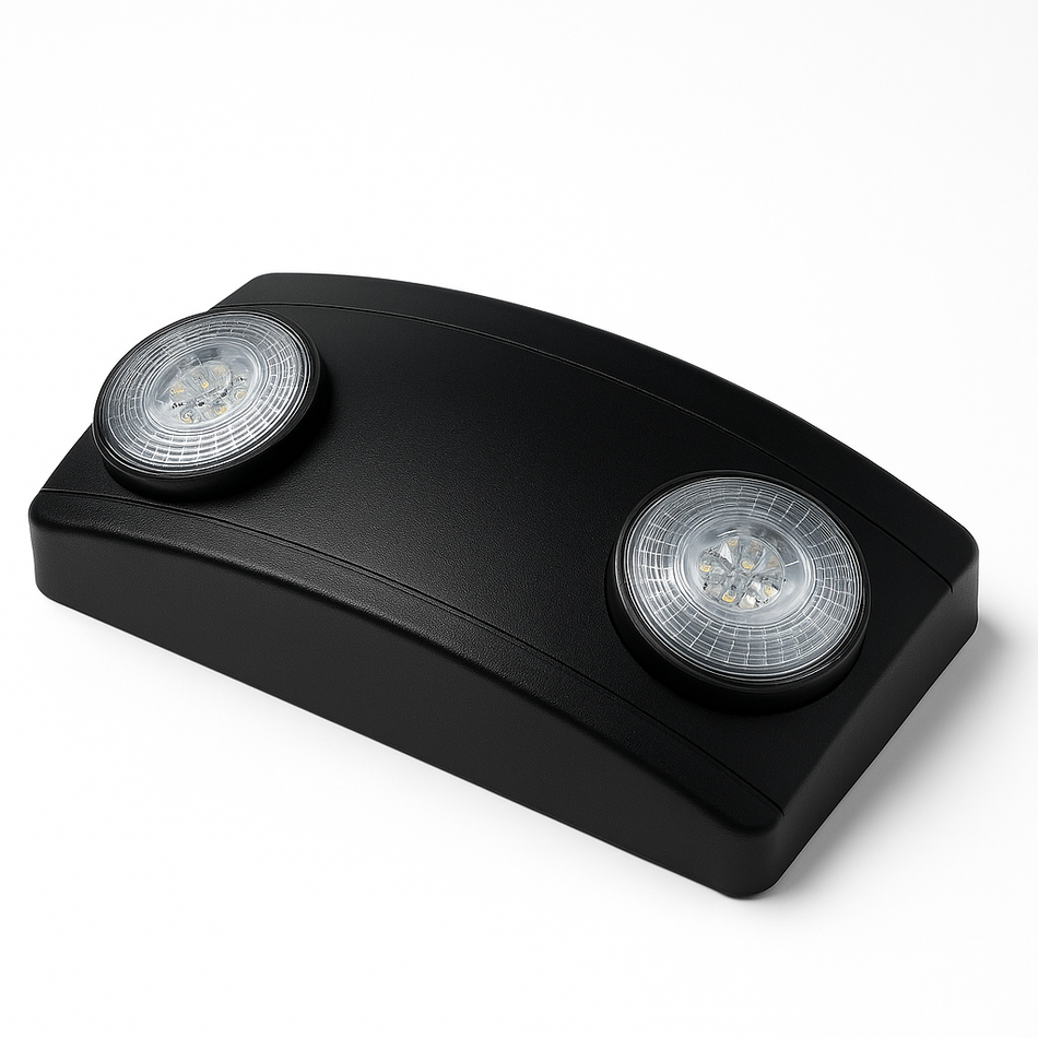 Black dual-head LED emergency light with adjustable round lamp heads, wall-mount housing
