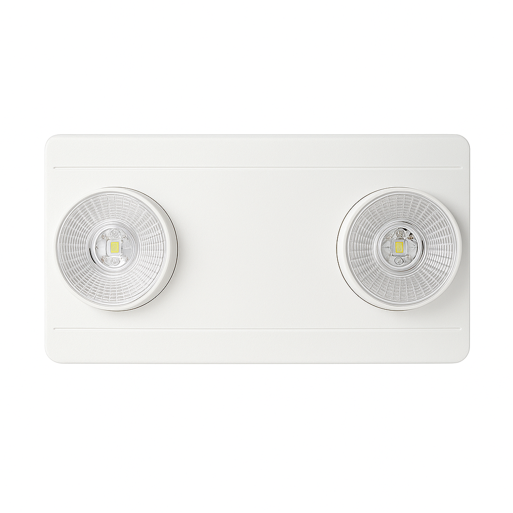 White rectangular dual-head LED emergency light, front view with prismatic lenses