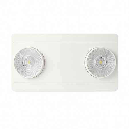 White rectangular dual-head LED emergency light, front view with prismatic lenses