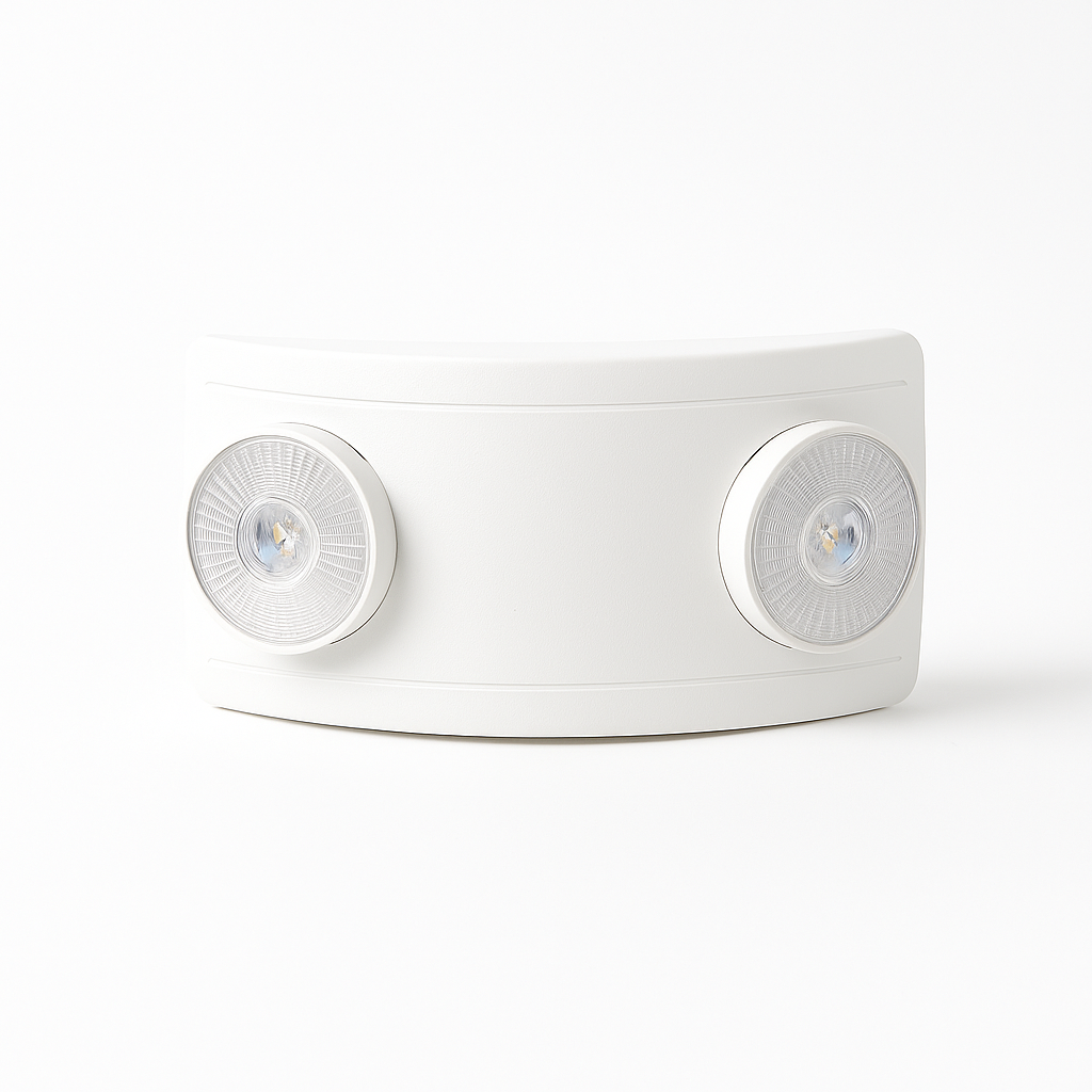 White curved dual-head LED emergency light with adjustable round heads, front angle view