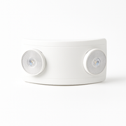White curved dual-head LED emergency light with adjustable round heads, front angle view
