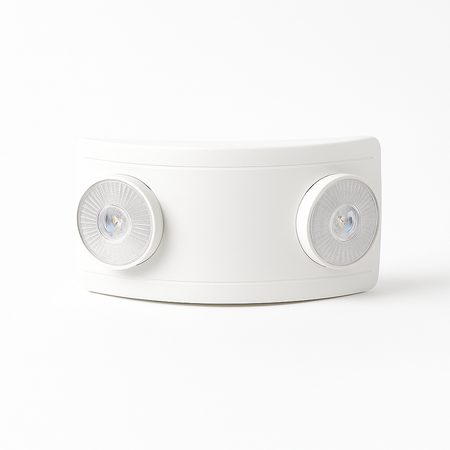 White curved dual-head LED emergency light with adjustable round heads, front angle view