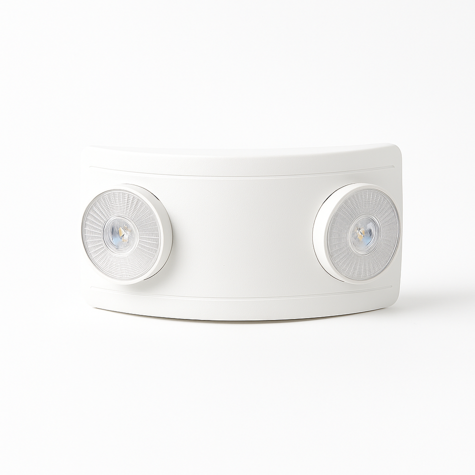 White curved dual-head LED emergency light with adjustable round heads, front angle view