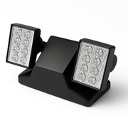Black dual-head LED emergency light with adjustable rectangular lamp heads and prismatic lenses, wall-mount housing