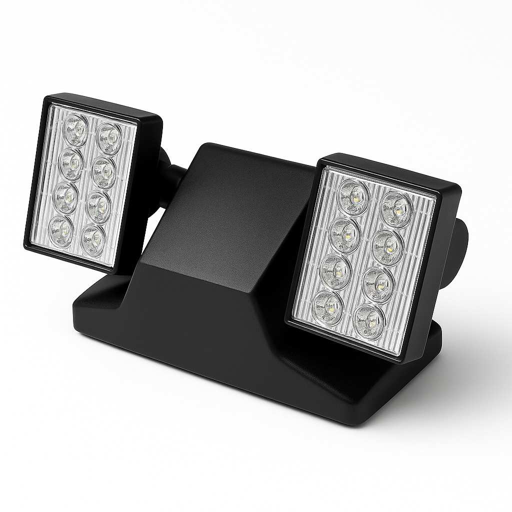 Black dual-head LED emergency light with adjustable rectangular lamp heads and prismatic lenses, wall-mount housing