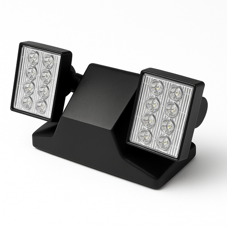 Black dual-head LED emergency light with adjustable rectangular lamp heads and prismatic lenses, wall-mount housing