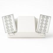 White dual-head LED emergency light with adjustable rectangular lamp heads and ribbed polycarbonate lenses, front view