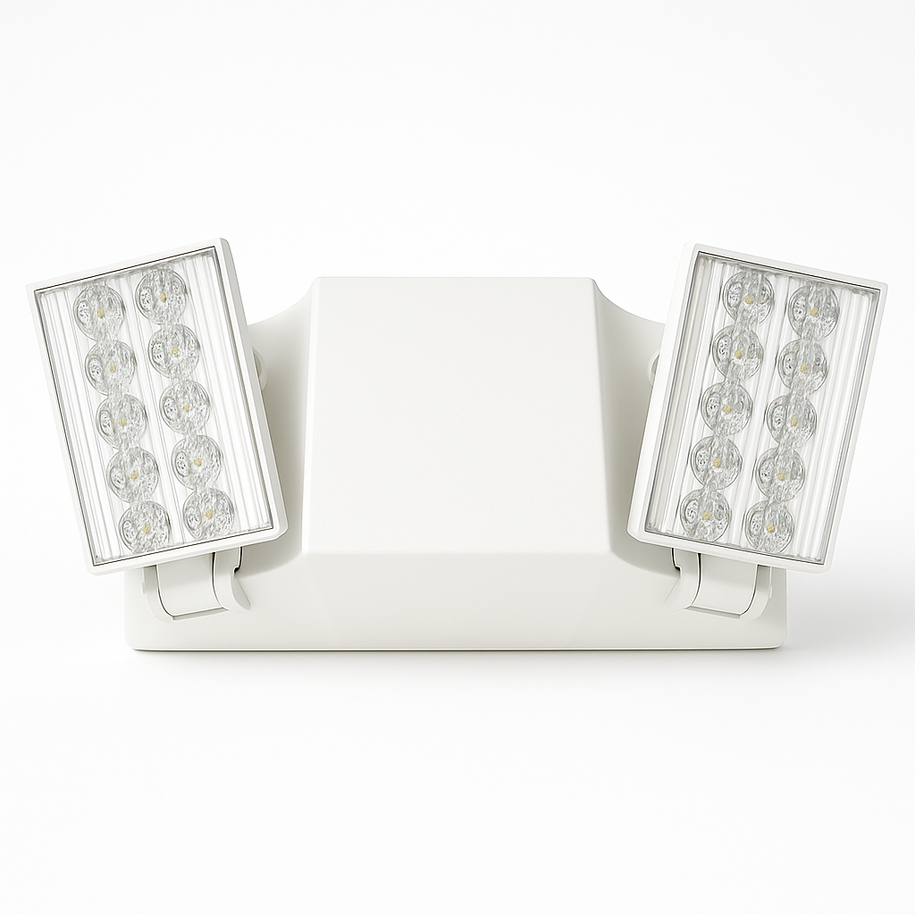 White dual-head LED emergency light with adjustable rectangular lamp heads and ribbed polycarbonate lenses, front view