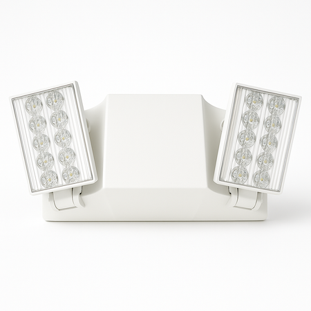 White dual-head LED emergency light with adjustable rectangular lamp heads and ribbed polycarbonate lenses, front view
