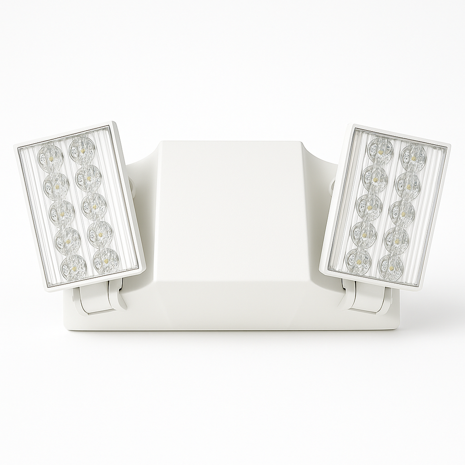 White dual-head LED emergency light with adjustable rectangular lamp heads and ribbed polycarbonate lenses, front view