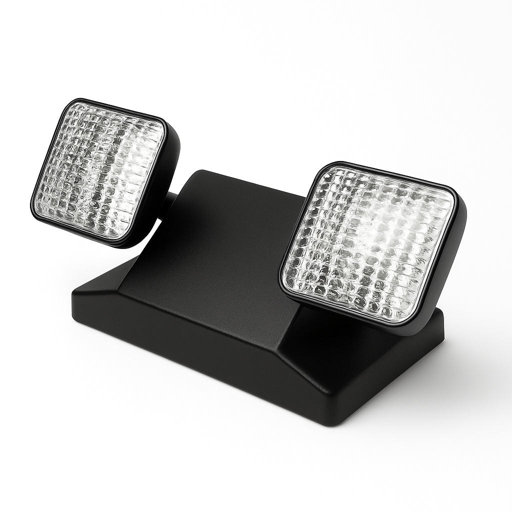 Black dual-head LED emergency light with rectangular lamp heads, angled view