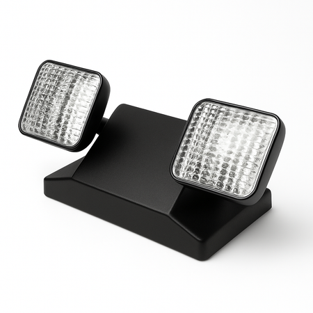 Black dual-head LED emergency light with rectangular lamp heads, angled view