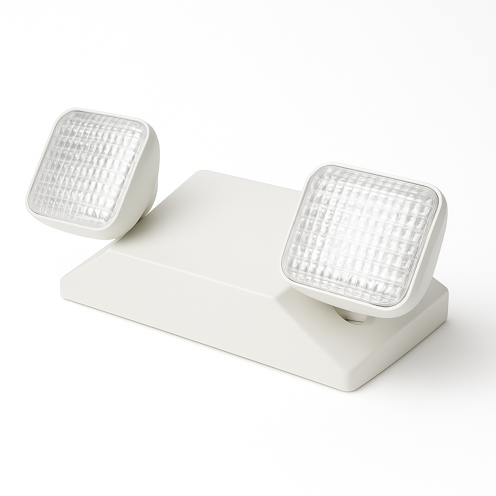 White dual-head LED emergency light, adjustable square prismatic heads, front-angled view
