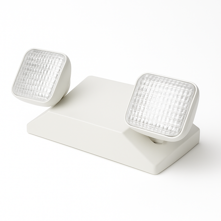White dual-head LED emergency light, adjustable square prismatic heads, front-angled view