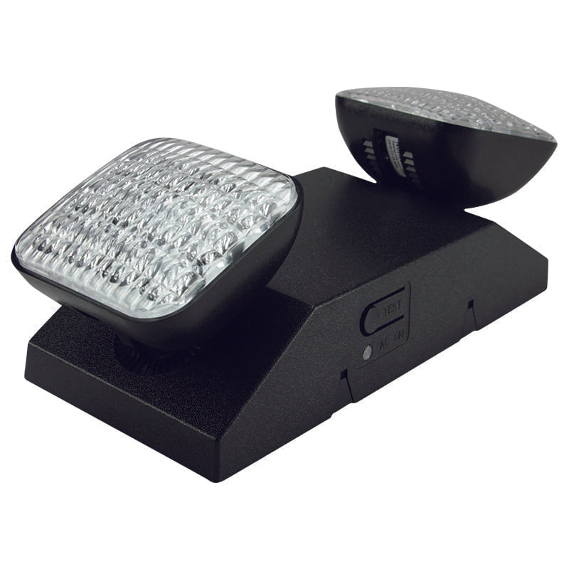 Black dual-head LED emergency light with square prismatic lenses, angled view