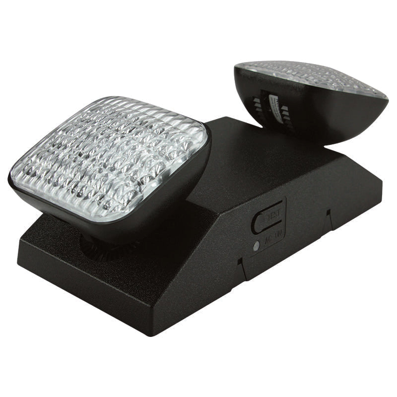 Black dual-head LED emergency light with square prismatic lenses, angled view