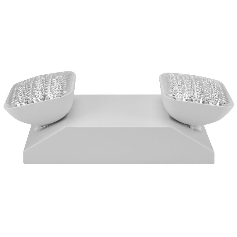 White dual-head LED emergency light, front view with square prismatic lenses