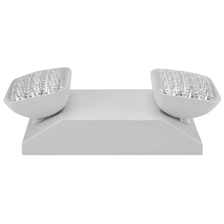 White dual-head LED emergency light, front view with square prismatic lenses