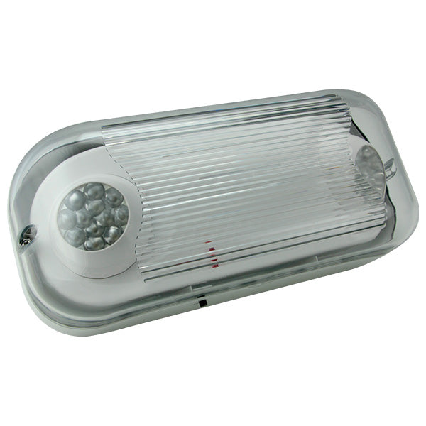 Wet-location LED emergency fixture – angled view showing sealed enclosure and J-box pattern