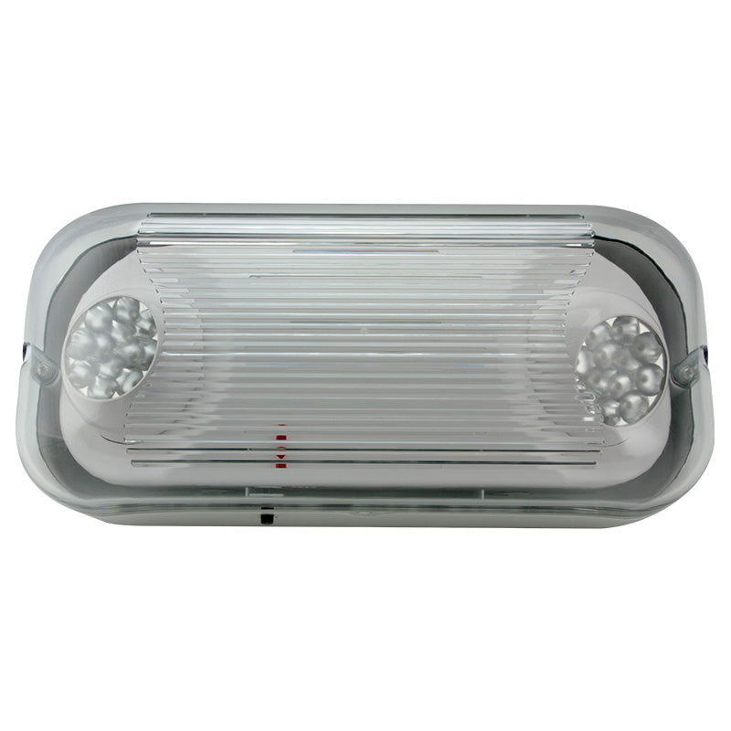 Gasketed LED emergency light – front view with dual 1W heads and gray thermoplastic housing