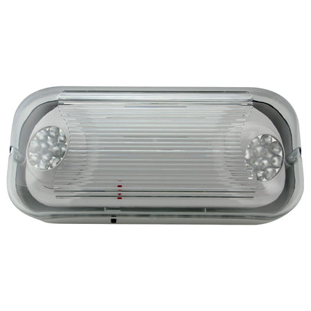 Gasketed LED emergency light – front view with dual 1W heads and gray thermoplastic housing