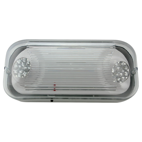 Gasketed LED emergency light – front view with dual 1W heads and gray thermoplastic housing