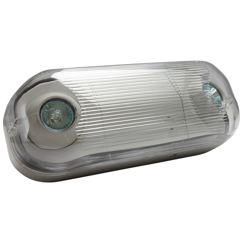 Wet-location halogen emergency light with dual MR16 heads and sealed polycarbonate housing