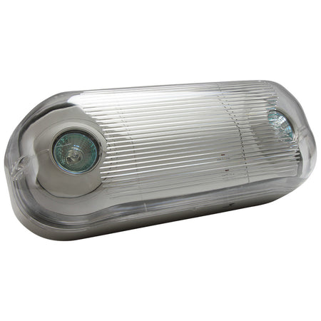 Wet-location halogen emergency light with dual MR16 heads and sealed polycarbonate housing