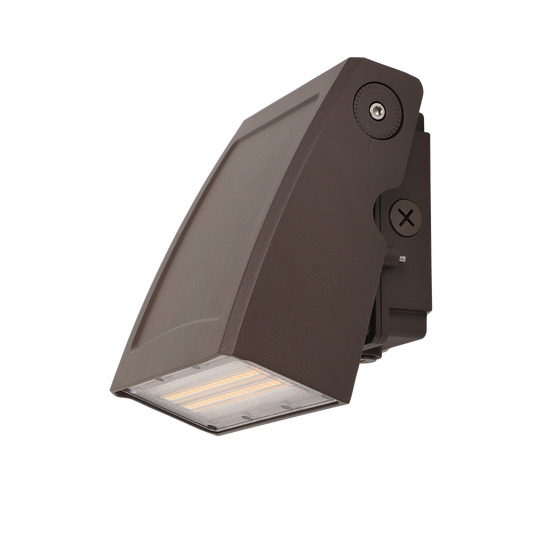Adjustable LED wall pack with bronze housing and 90-degree tilt head for directional lighting