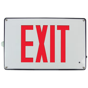Vandal-resistant LED exit sign – front view with cast aluminum housing and red letters