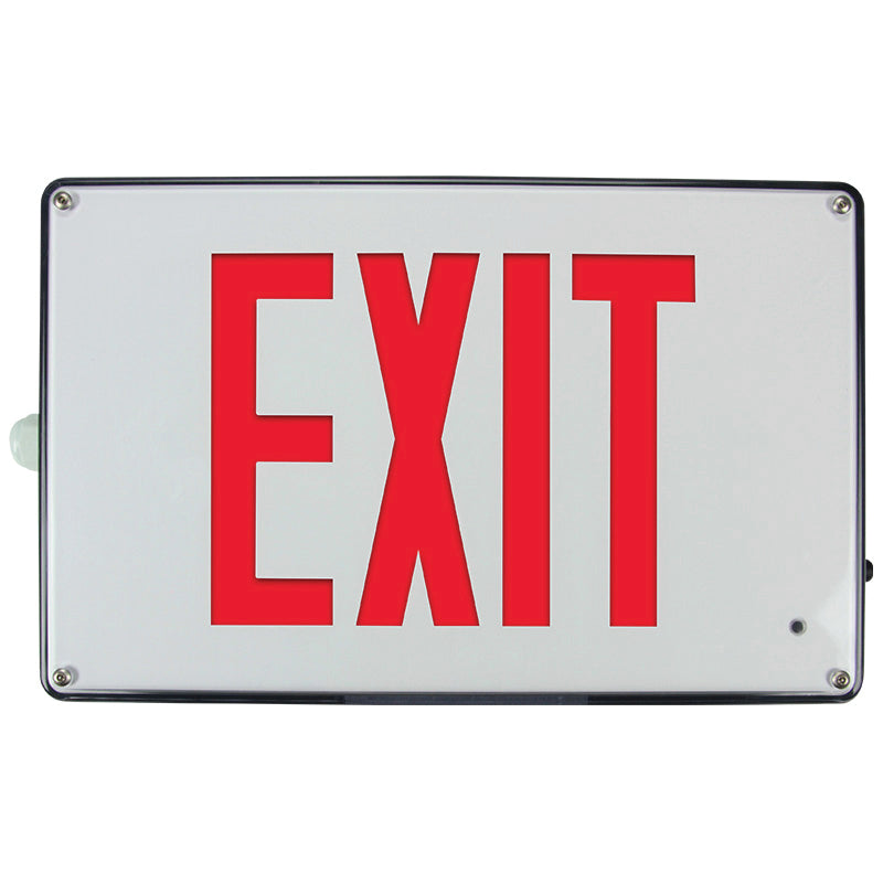 Vandal-resistant LED exit sign – front view with cast aluminum housing and red legend