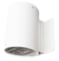 Architectural emergency down-light with cylindrical white housing and prismatic lens. left angle
